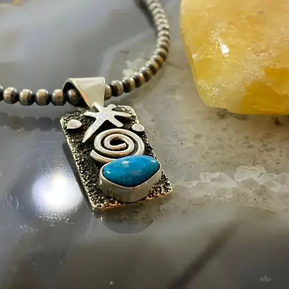 Alex Sanchez Native American Sterling Petroglyph Turquoise Dainty Pendant #7 - Picture 4 of 10